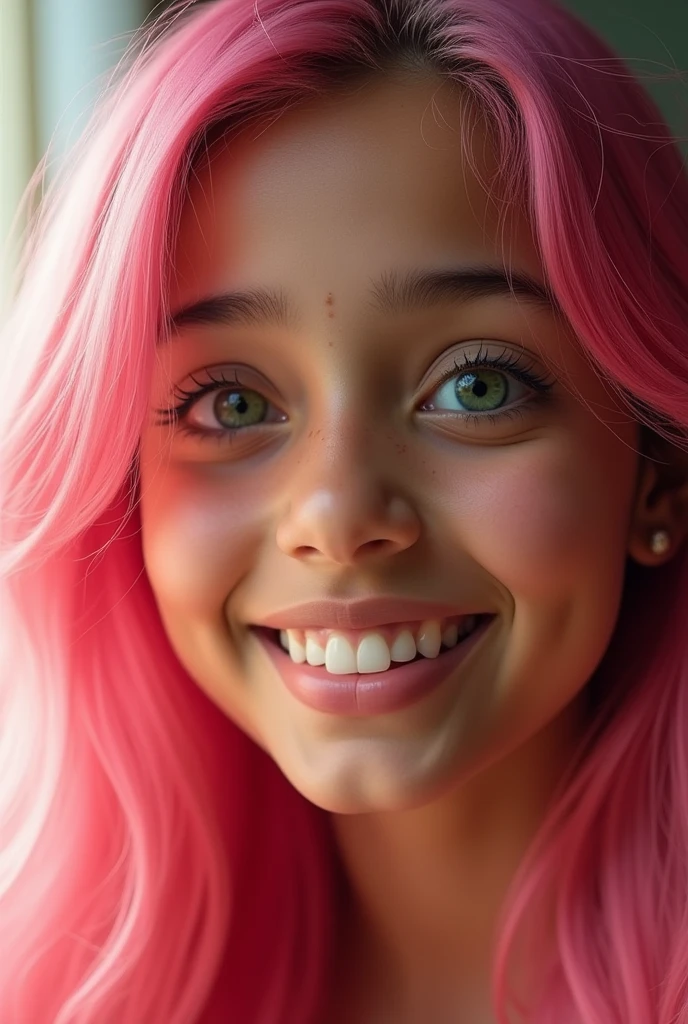 a smiling indian age girl with dark green eyes and pink colored hair 

