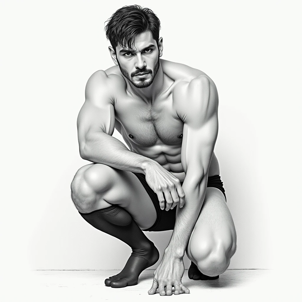 realistic pencil drawing art, a 30 year old iranian attractive fit male vampire, wearing black underwear and black transparent sheer socks, squatting down