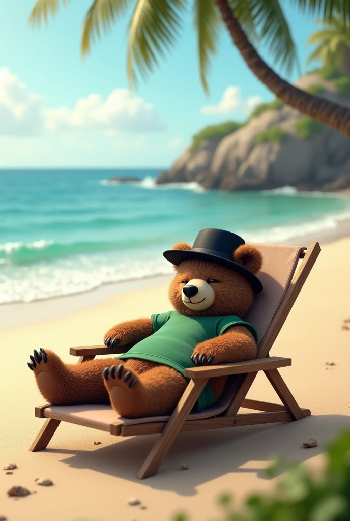 Sleeping bear with black hat and green t-shirt on lawn chair on the beach