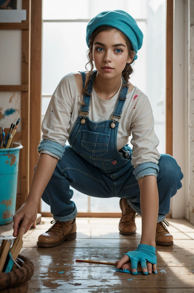 Beautiful, (masterpiece), high quality photoreal, heroic braced standing pose, top down angle, agile crouching close face, dark thick eyebrows, worn painter's overalls splattered with vibrant colors, youthful, adolescent, feminine figure, slim legs, quirky artist girl, narrow hips, long legs, thick, soft, volumetric hair, navy blue beret, coral and turquoise outfit, paintbrushes in hand, electric blue eyes, curly chestnut hair tied back, art studio backdrop, soft morning light, high fidelity photograph, 35mm, f2.8, mirrorless camera 50mp, creative, vivid atmosphere