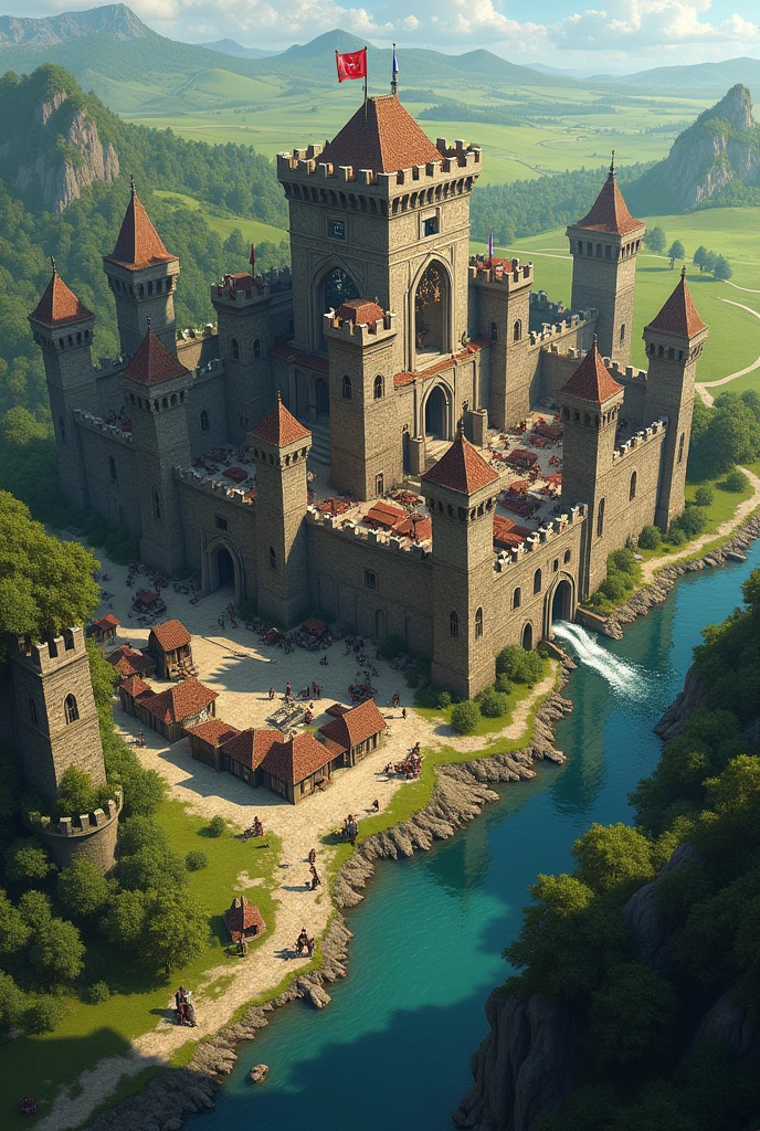 Medieval fantasy tiwn, a wall around it, a foet in the middle