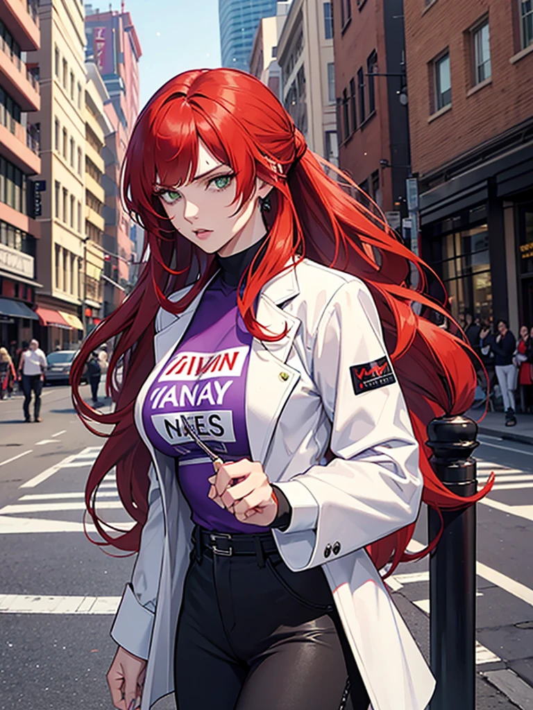 green eyes, red hair with long bangs, noble. wavy long hair. strong woman. she quiet. wear purple t shirt. dominant woman. mafia. mature woman. girl boss. badass woman. gangster. hair so long have bangs. gangster. wear winter white jacket. red hair. ponytail. fighting in downtown