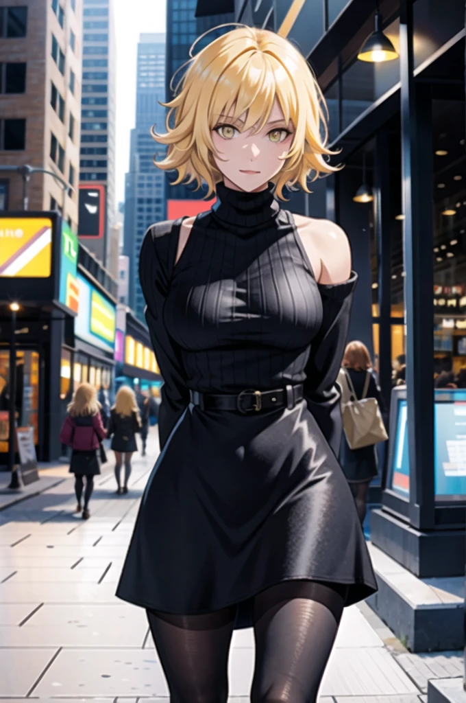 masterpiece, best quality, 1girl, shiny skin, cinematic lighting, medium breasts, looking at viewer, messy hair, blonde hair, yellow eyes, solo, autumn, outdoors,  windy, black sweater dress, ribbed, knit, turtleneck sweater dress, black pantyhose, walking, city, shopping, dynamic angle, close-up, ultra-detailed, 8k, rtx, ambient occlusion, rim lighting, bustling,