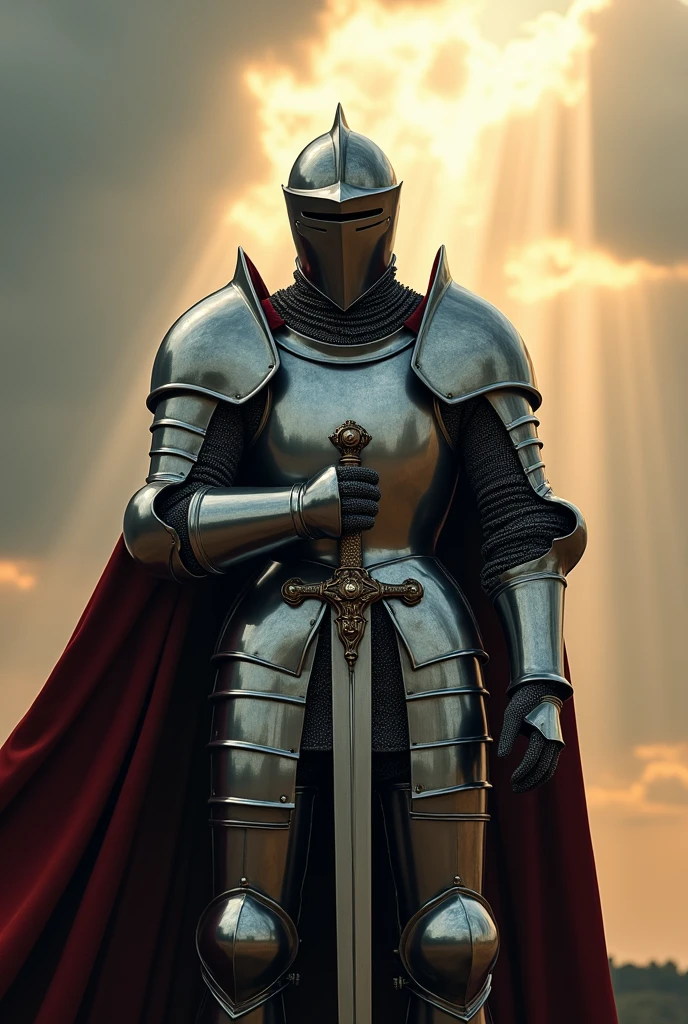  A valiant knight in shining full plate armor stands under a dramatic sky with piercing sunbeams shining through the clouds. The knight's helmet has a visor, and they hold a sword with an ornate hilt firmly on the ground. A flowing cape flutters behind, catching the majestic light from above, while the ambiance evokes a feeling of epic heroism and nobility