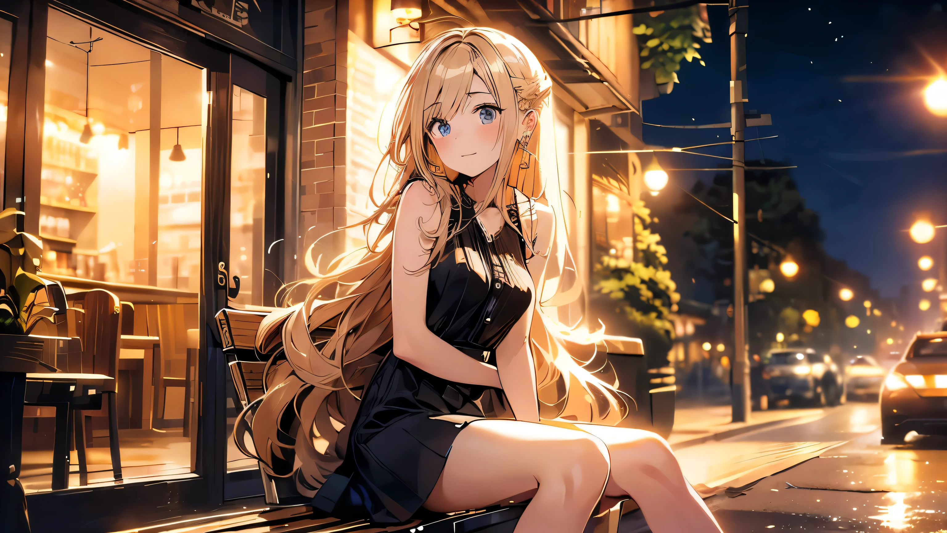 Realistic digital painting of a young woman with long, messy, windblown blonde hair, The woman is wearing a sleeveless dress, Earrings、A woman sits alone at an outdoor cafe at night, The warm glow of street lamps and the interior lights of the cafe illuminate the scene., Many stores are closing and it&#39;s getting dark、Reflection on a wooden table, The overall atmosphere is calm、A sad expression、Gazing at the sky、It&#39;s a bit depressing,She is gazing pensively into the distance、. She has an air of quiet contemplation., In the background is a street lined with shops,And the night sky above is clear、Some stars are visible.
