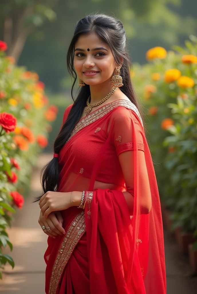 A 14 Indian women, in a red designer transparent saree,beautyfull face,light skin color,shy smile,looking at viewer,jhumka in ears,poney tail hair style,day light,glowing skin,black bindi in her forhead,flower garden background,full body,8k,ultra detailed