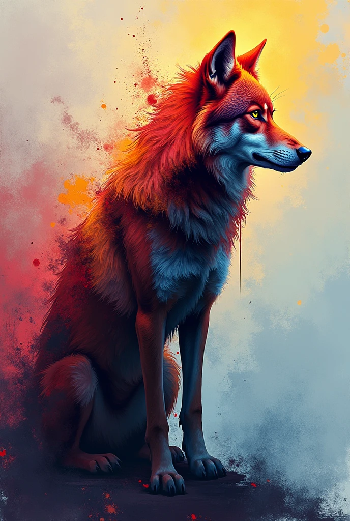 Picture of a wolf, abstract with many colors, that looks aesthetically beautiful enough to put in a painting, that is not hyper realistic or animated