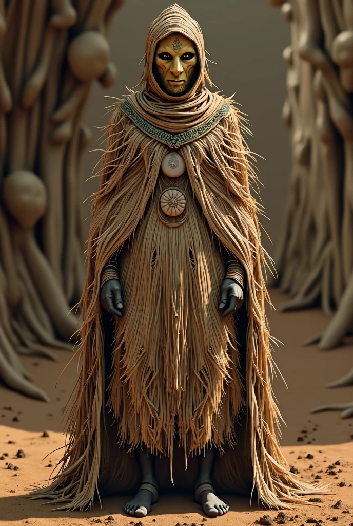 African man with face covered by straw mask and cloak made of straw on a dirt floor