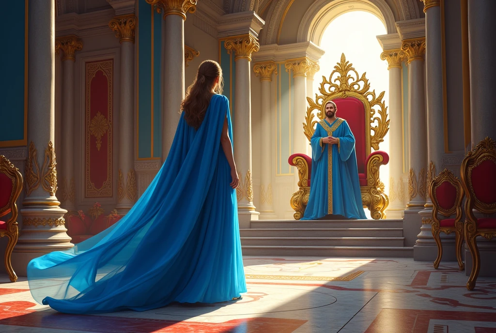 Woman in beautiful blue dress with cape is walking through the room to the throne in a beautiful castle. the king is standing in front of the throne at the altar wearing a beautiful blue outfit