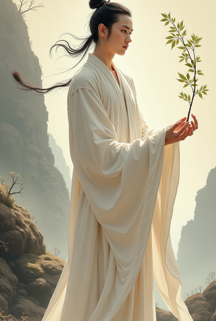 A daoist with white fluttering robes,phoenix eyes,sharp and high nose,thin lips,with a willow vine in hand