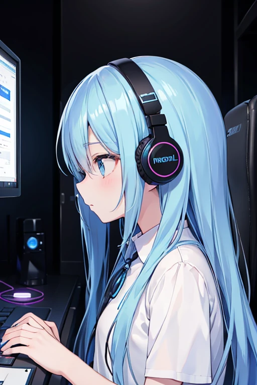 Girl wearing headphones、Dark Room、Control your computer、Listening to music、profile、Long blue hair、Lost in Thought