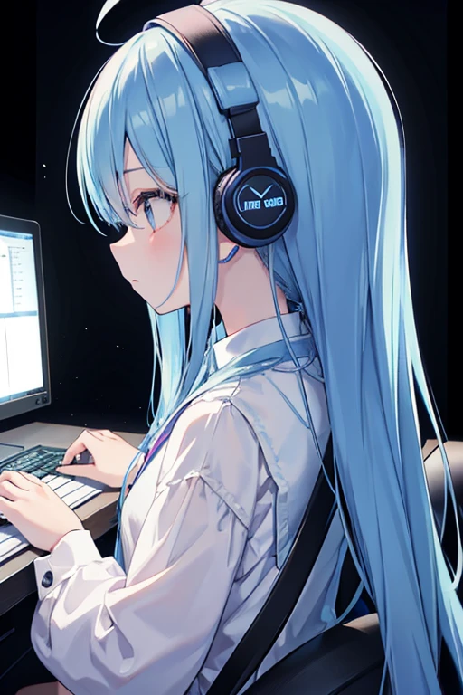Girl wearing headphones、Dark Room、Control your computer、Listening to music、profile、Long blue hair、Lost in Thought