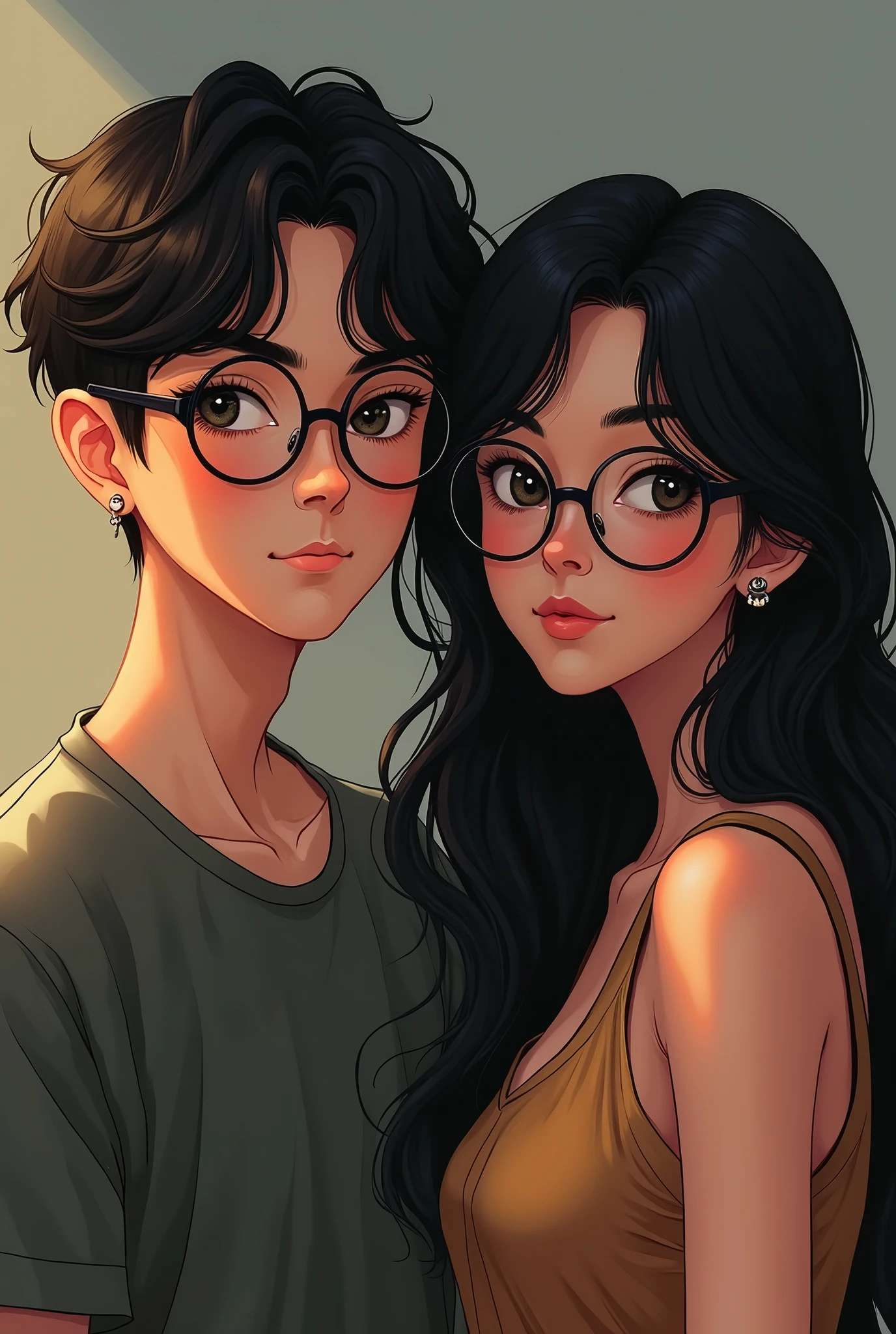 a couple, boy with round glasses, short black hair, and wearing earrings, girl with glasses, long black hair