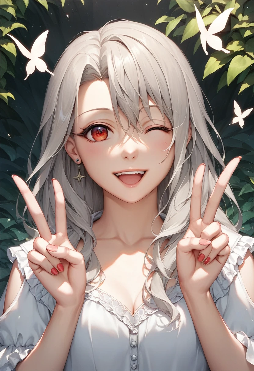 score_9, score_8_superior, score_7_superior, (masterpiece, Highest quality, so beautiful, Super detailed), Intricate details, One girl, Illyasviel von Einzbern, destiny \(series\), Gray Hair, Red eyes, Close one eye, Open your mouth, skirt, Double V, smile,
