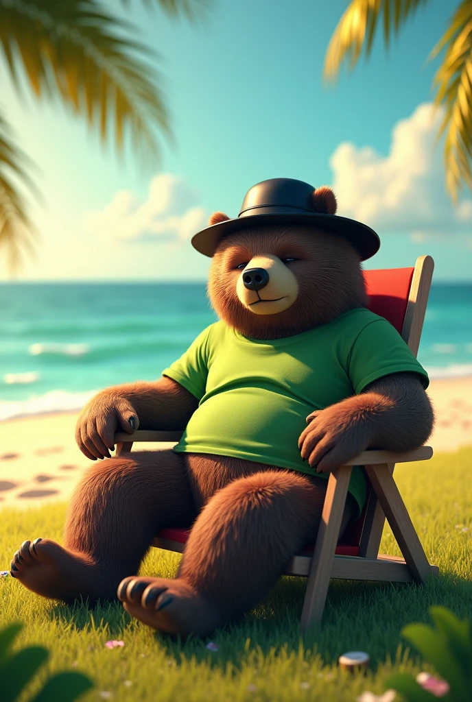 Sleeping big bear with black sunny hat and green t-shirt on lawn chair on the beach