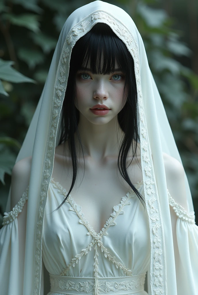 A white-skinned witch with black hair , 
gray eyes, Her hair is covered by a hood, small strands of hair appearing to frame your face, Her fleshy lips, white wedding dress embroidered with oak leaves dress composed of white fabric plates greek style legs, the long sleeves of the dress are cut out of white fabric panels 