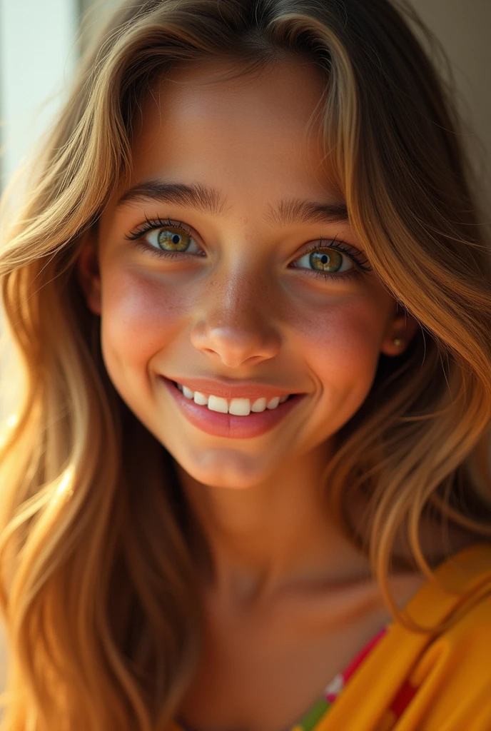 a smiling blonde Indian teenage girl with dark green eyes with