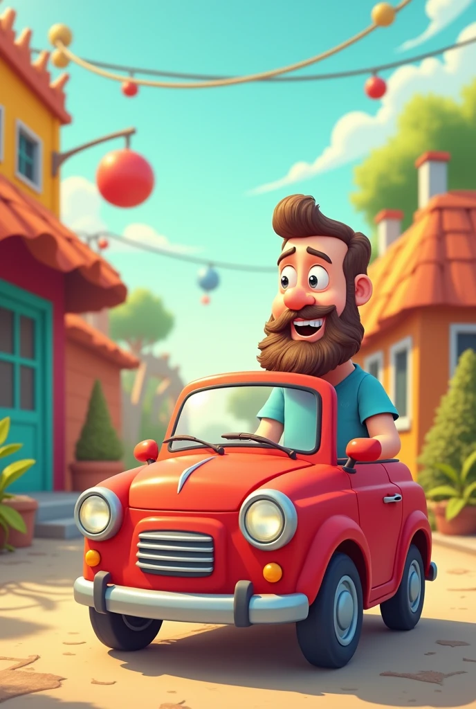 Cartoon , father , beared , near small car red