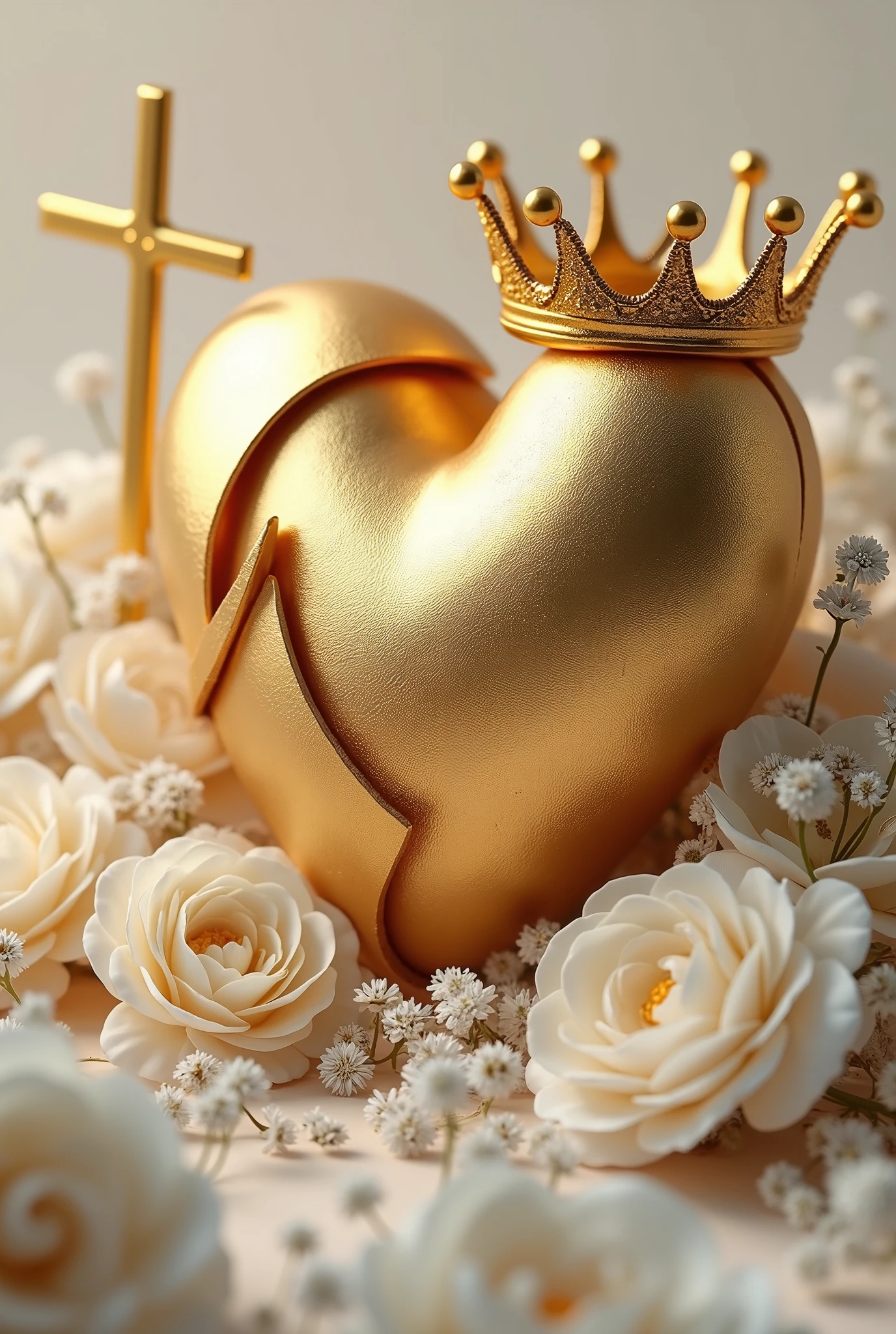 A crooked heart that is NOT BROKEN 3D gold with a glamorous crown in the corner of the heart., with white peony flowers and gypsophila in the background and a cross protruding on the side INFO