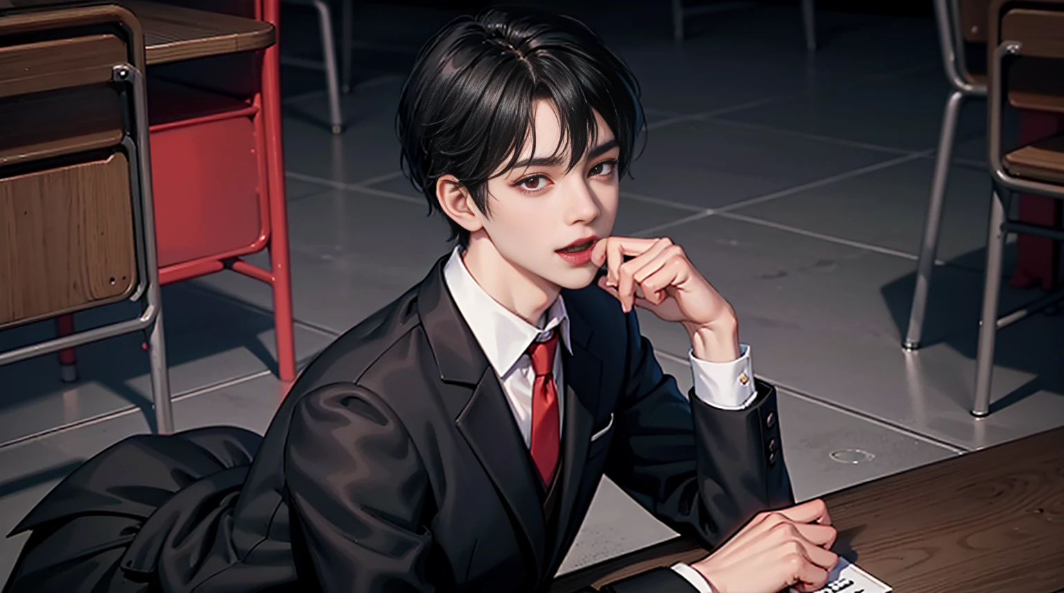 Feminine male, black wolfcut hair, school uniform, classroom back ground, handsome, snow white skin, red eyes, fangs