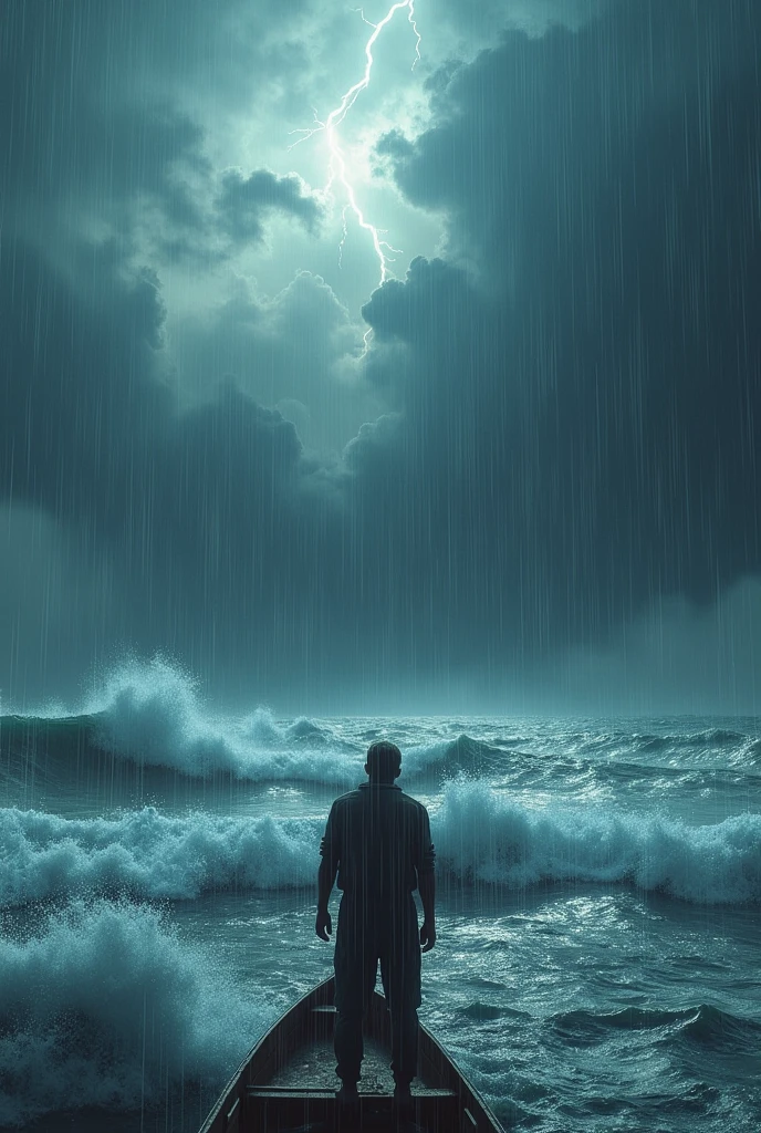 Create an image of a man alone on an offshore boat facing an intense storm. The scene should depict giant and furious waves, a dark and overcast sky with bright lightning, and visible raindrops. The image should be dramatic and full of movement, with the storm in full force. Do not include any captions or text in the image.
