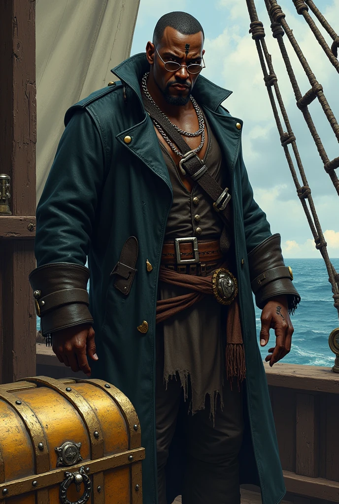 pirate, skin black, frowning , Dark clothes , on a pirate ship , golden chest , face tattoo , wear glasses , shorth hair 
