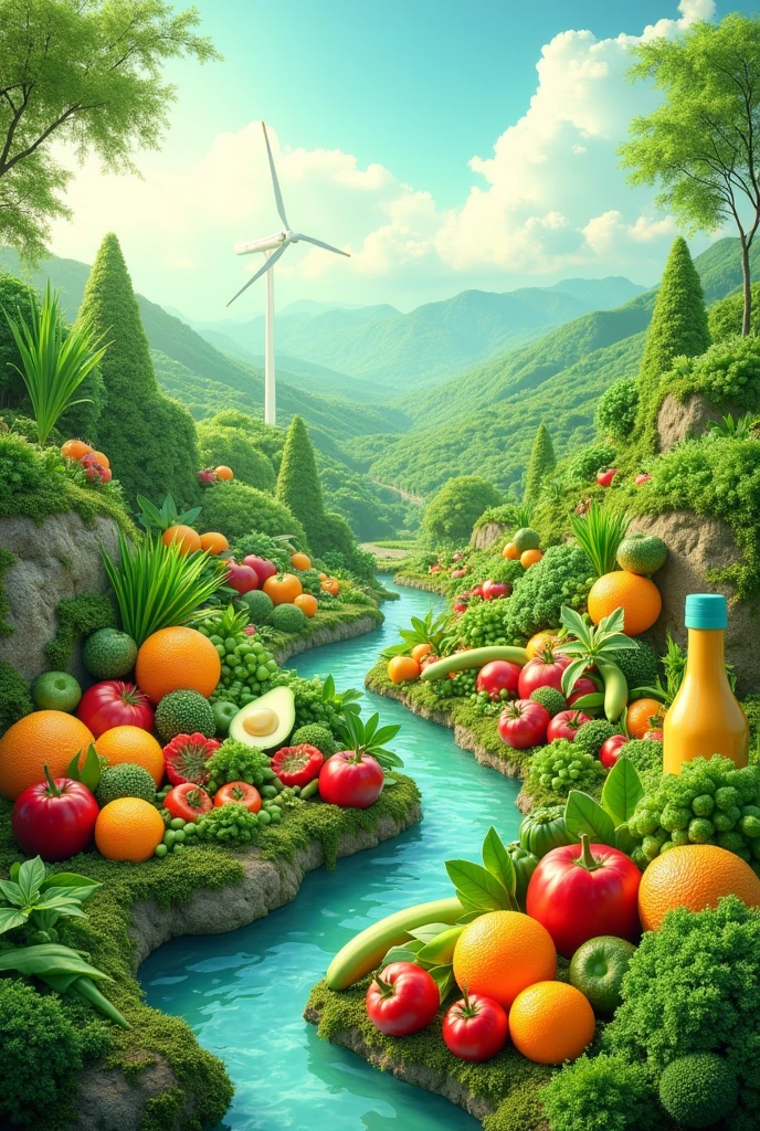 image highlighting how a brand is committed to sustainability. Includes vibrant images of organic products and responsible practices, such as the use of recycled materials and sustainable production processes. The central message should be: 'Together, We build a greener future'.