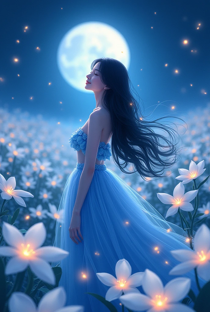 woman standing looking back in the middle of white plumeria field during the night, fireflies, gorgeous anime, long black wavy hair, here blue dress made out of flowers, looking up, light smile, close eyes