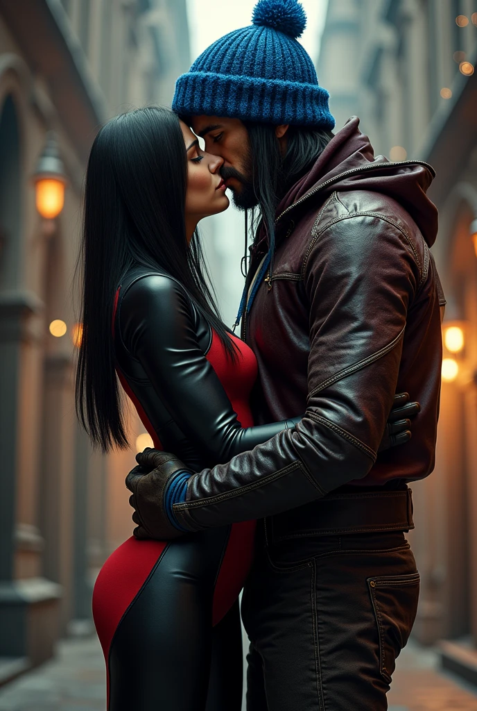 Create an image where a short, slim girl with wide hips dressed in a black and red leather jumpsuit has black straight hair down to her shoulders, is kissing a boy who is wearing a winter hat without a pompom, is much taller and muscular, dressed in a leather outfit in the colors of burgundy, blue and yellow, the guy has no beard and the hat should be blue and his hair should reach his chest
