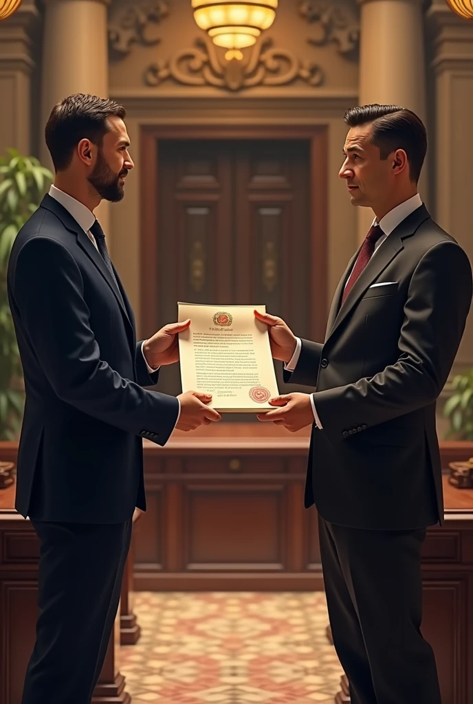 Two banks exchanging a document with their seals, symbolizing the endorsement between them.