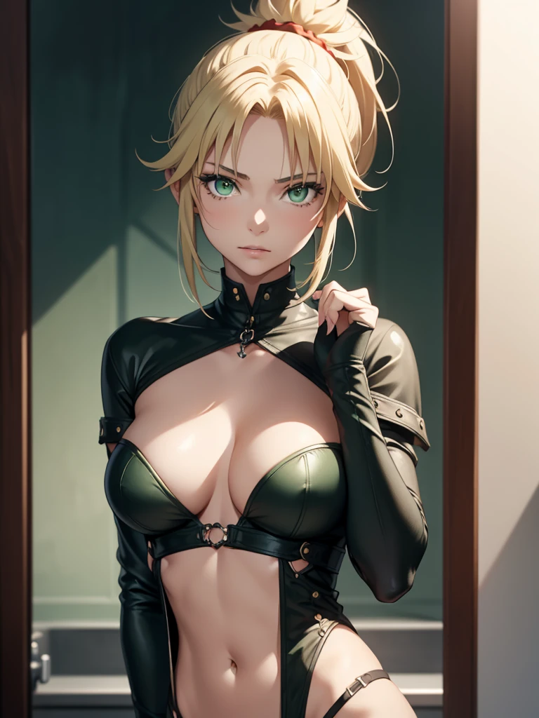 (​masterpiece、top-quality、hight resolution、Unity 8k、extremely details CG:1,Best Picture), modred, (green eyes:1.5), blonde hair, ponytail, short hair, scrunchie, red scrunchie, hair scrunchie, "A porn star with a small bust, confidently posing in a stylish, revealing outfit. She has a slender figure and exudes self-assurance despite her small chest. Her makeup is perfectly applied, and her expression is one of playful allure. The background is simple, focusing attention on her as she embraces her unique beauty with confidence and charm."