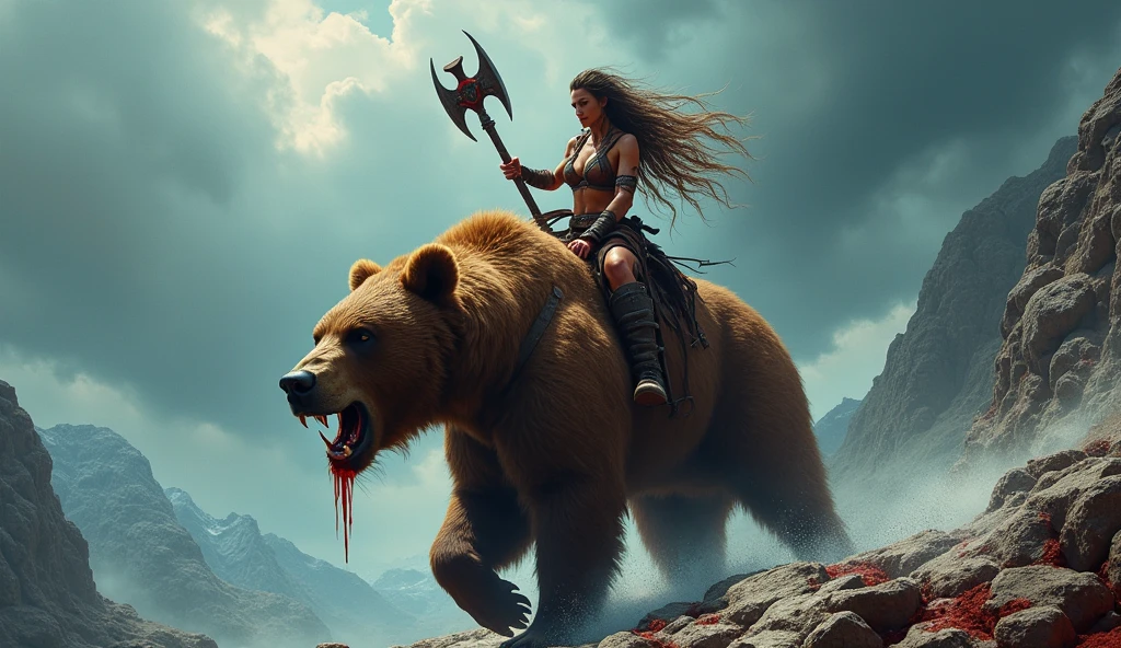 Fantasy action photo of a female Barbarian warrior, fierce expression, holding a two-handed battle-worn axe, riding atop a gigantic bear with blood dripping from its maw, full body framing, in a rugged mountainous landscape, under dramatic stormy lighting, shot from a low angle to emphasize heroic pose, on a RED HELIUM 8K with a wide-angle lens, (cinematic color grading:1.3), (in the style of Frank Frazetta:1.4)
