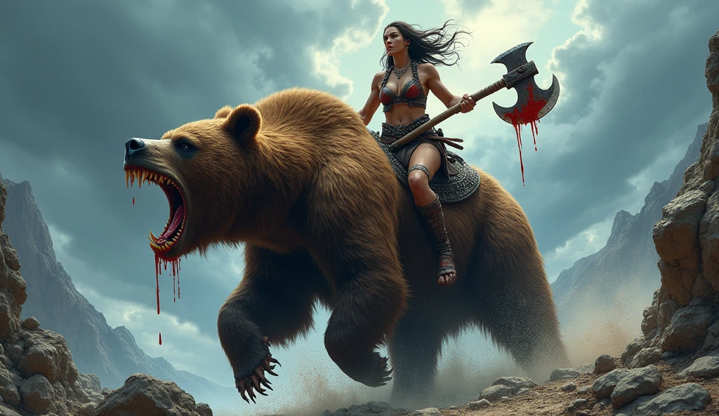 Fantasy action photo of a female Barbarian warrior, fierce expression, holding a two-handed battle-worn axe, riding atop a gigantic bear with blood dripping from its maw, full body framing, in a rugged mountainous landscape, under dramatic stormy lighting, shot from a low angle to emphasize heroic pose, on a RED HELIUM 8K with a wide-angle lens, (cinematic color grading:1.3), (in the style of Frank Frazetta:1.4)
