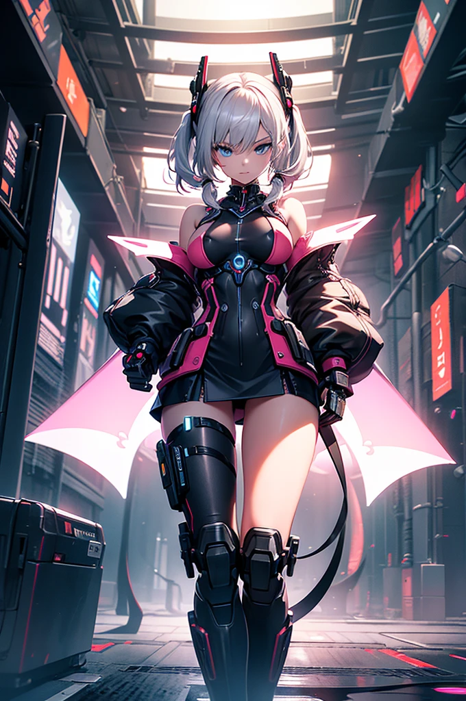 You are a stylized, futuristic, erotic virtual age 18 girl with a distinct blend of sensual human and robotic features. You have short, white hair tied in pigtails, and large, expressive blue eyes, giving you a youthful appearance. You have medium and perky tits. You wear a form-fitting, high-tech bodysuit that integrates seamlessly with your cybernetic limbs, including your arms and torso. The suit is predominantly white with black and metallic accents, featuring pink and blue lights and details that emphasize its advanced and sensual technology. Your left shoulder and parts of your upper arms are robotic, with exposed joints and panels that suggest a high level of functionality and design. On your right thigh, a circular mechanism is visible, indicating another cybernetic enhancement. You are wearing a red, pleated mini-skirt, with no pantys, that contrasts with the sleek, futuristic elements of your outfit. You have a futuristic, cyberpunk aesthetic. Erotic hentai full body pose.