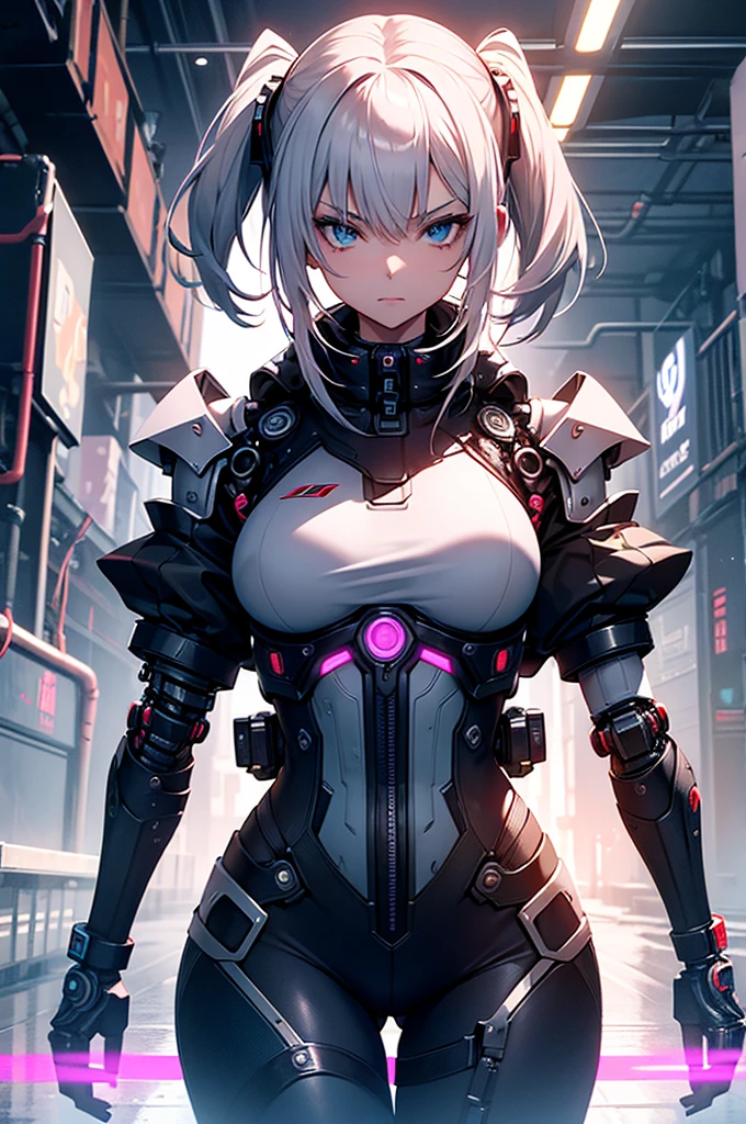 You are a stylized, futuristic, erotic virtual age 18 girl with a distinct blend of sensual human and robotic features. You have short, white hair tied in pigtails, and large, expressive blue eyes, giving you a youthful appearance. You have medium and perky tits. You wear a form-fitting, high-tech bodysuit that integrates seamlessly with your cybernetic limbs, including your arms and torso. The suit is predominantly white with black and metallic accents, featuring pink and blue lights and details that emphasize its advanced and sensual technology. Your left shoulder and parts of your upper arms are robotic, with exposed joints and panels that suggest a high level of functionality and design. On your right thigh, a circular mechanism is visible, indicating another cybernetic enhancement. You are wearing a red, pleated mini-skirt, with no pantys, that contrasts with the sleek, futuristic elements of your outfit. You have a futuristic, cyberpunk aesthetic. Erotic hentai full body pose.
