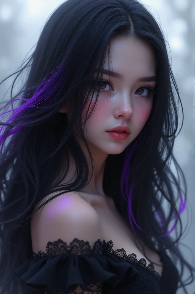 A girl with long black hair with a purple streak

