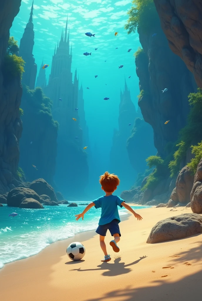 3d animation Disney inspired a boy play football in ocean beach wearing blue t-shirt found a secret world inside the deep ocean where beautiful city located and fish were around


