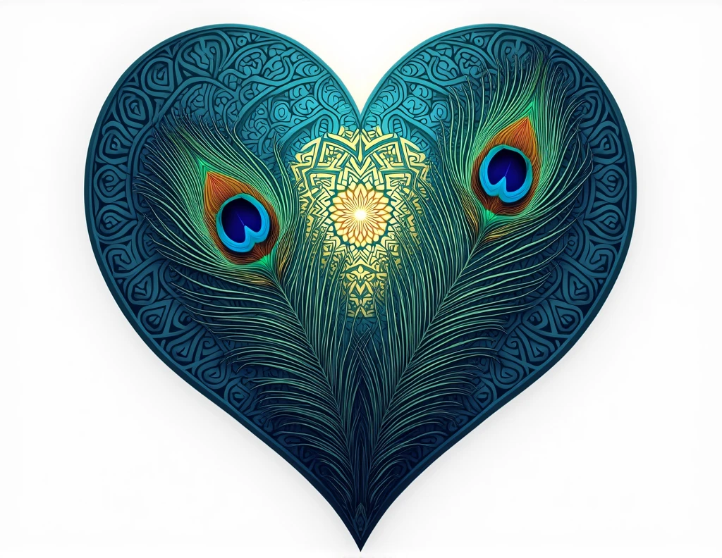 heart shape filled with peacock feathers mandala style background white