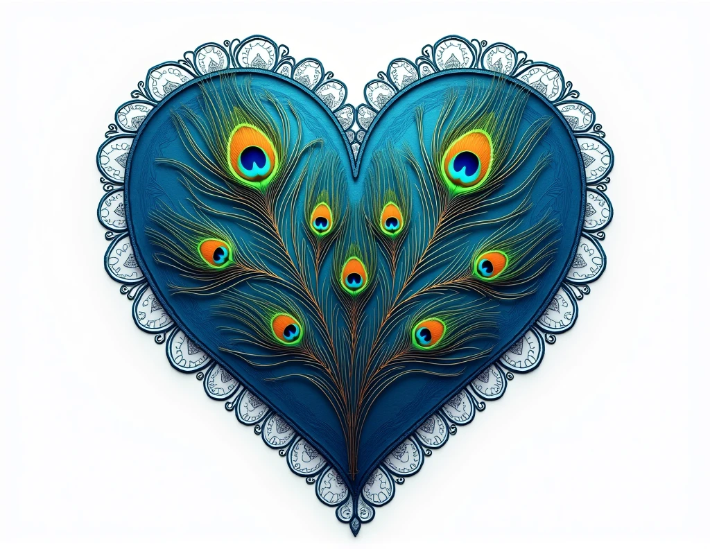 heart shape filled with peacock feathers mandala style background white