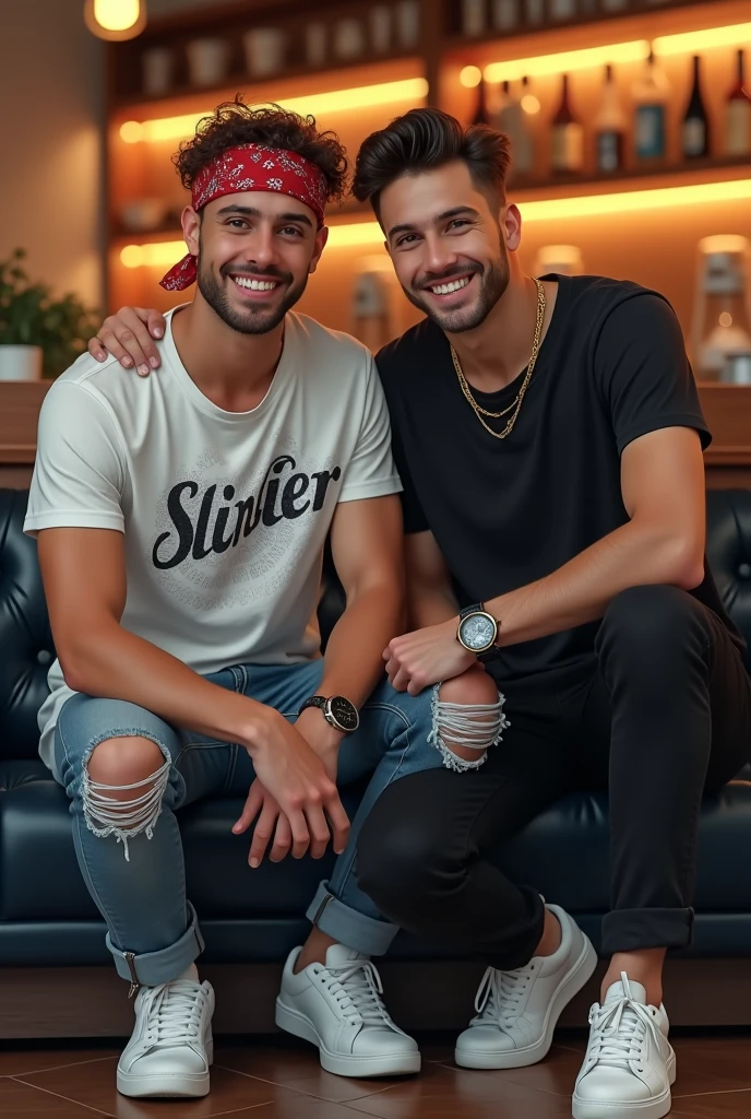Picture of 2 men sitting together in a cafe,man 1 :clean face, wearing a red bandana headband,white t-shirt with design "SLENDER",wearing ripped jeans at the knees,memakai white shoes,wearing earrings on the ears of the 2nd Man:clean face, wearing a black t-shirt,wear a watch,wearing black jeans,white shoes,they both pose smiling...Realistic HD high resolution images and bright lighting