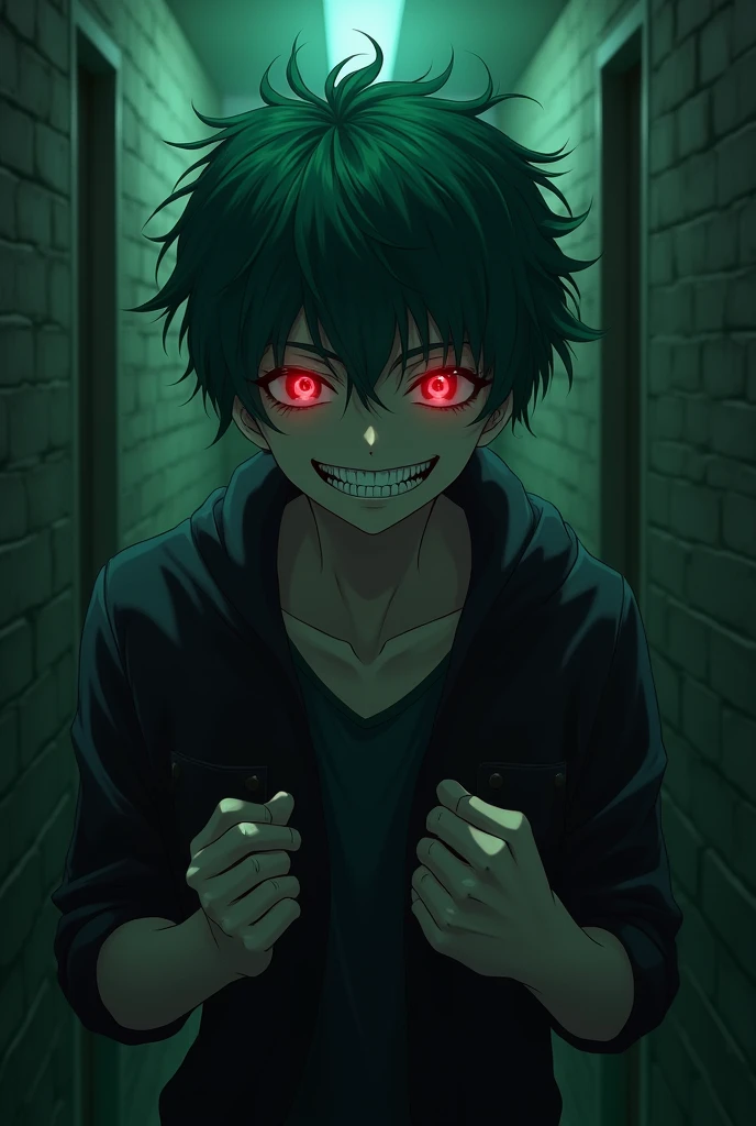 Dark green hair anime boy, with a sadistic smile and YANDERE in a basement.