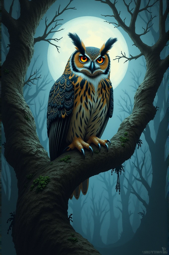 
Create an image of an old tarot card and the following:
A twilight environment with dark trees and a pale moon.
 An owl with big expressive eyes, perched on a tree branch. Your eyes should look piercing and wise.
 Add textures to the owl&#39;s plumage to convey a sense of depth and knowledge.. The branch may have some leaves or moss to give a sense of ancient wisdom..