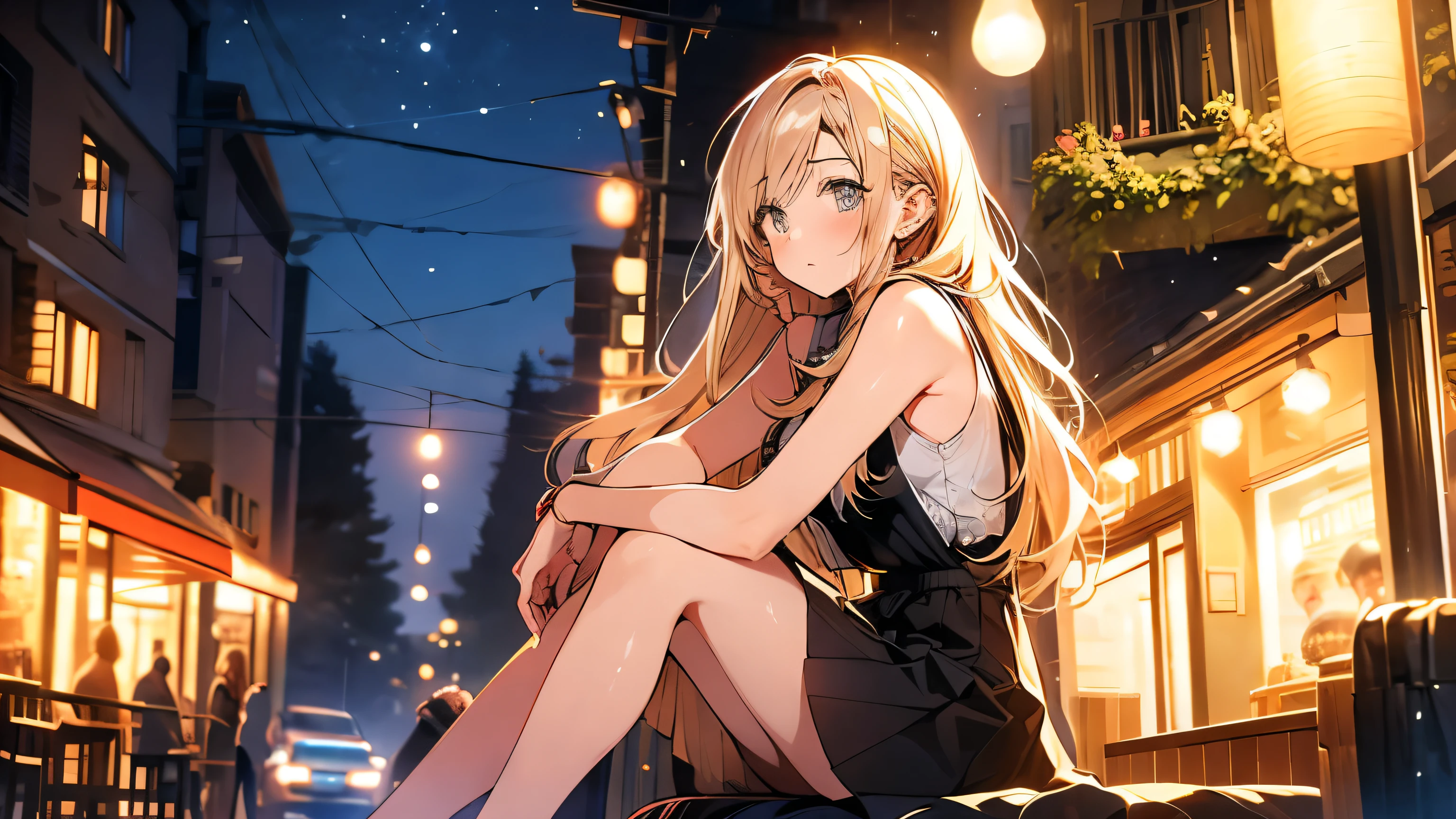 high resolution、Gazing at the sky、Young woman with long, messy, windblown blonde hair、The woman is wearing a sleeveless dress, Tight fitting clothes that show off your body lines、mini skirt、A sad expression、A woman sits alone at an outdoor cafe at night, The warm glow of street lamps and the interior lights of the cafe illuminate the scene., Many stores are closing and it&#39;s getting dark、Earrings、Reflection on a wooden table, The overall atmosphere is calm、It&#39;s a bit depressing,She is gazing pensively into the distance、. She has an air of quiet contemplation., In the background is a street lined with shops,And the night sky above is clear、Some stars are visible.
