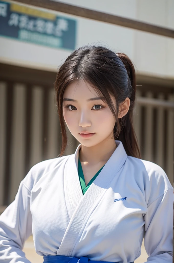 Beautiful Asian woman wearing a judo uniform。Her breasts are exposed and in full view。