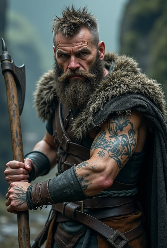 (photorealism:1.2), man with a very short brown beard, aged 33, dull brown eyes sunken in, messy dirty medium hair, viking inspired, wielding great axe, tattoos across forearms, pale tight skin, emaciated, no armor