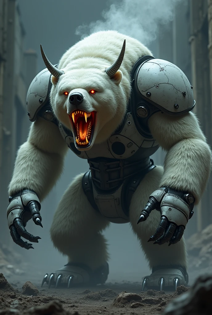 Robot with Polar bear head with two
long horn . Scary teeth with fire eyes