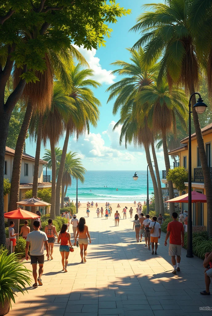 street with lots of trees and realistic beach