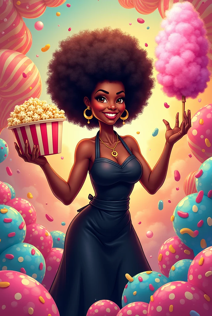 Create a logo on a party theme with an Afro woman with curly hair in a black apron holding popcorn in one hand and cotton candy in the other hand, with a background of sweet candies and dreams.