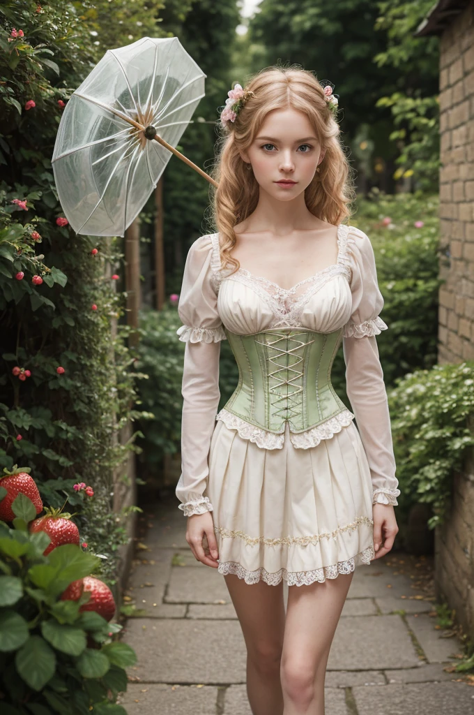 Beautiful, (masterpiece), high quality photoreal, heroic braced standing pose, top down angle, agile crouching close face, dark thick eyebrows, delicate lace gloves and vintage parasol, youthful, adolescent, feminine figure, slim legs, quirky Victorian-inspired girl, narrow hips, long legs, thick, soft, volumetric hair, pastel pink and cream outfit, ruffled skirt and corset, pale green eyes, long strawberry blonde ringlets, cobblestone street backdrop, soft afternoon light, high fidelity photograph, 35mm, f2.8, mirrorless camera 50mp, elegant, timeless ambiance