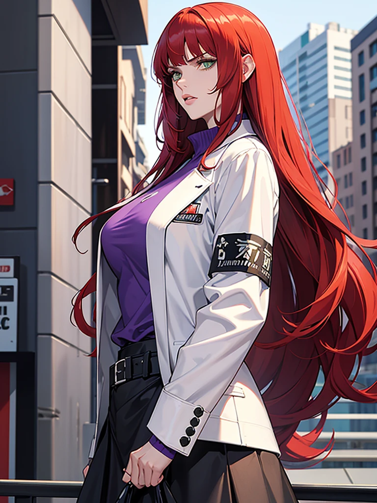 green eyes, red hair with long bangs, noble. wavy long hair. strong woman. she quiet. wear purple t shirt. dominant woman. mafia. mature woman. girl boss. badass woman. gangster. hair so long have bangs. gangster. wear winter white jacket. red hair. fighting in downtown